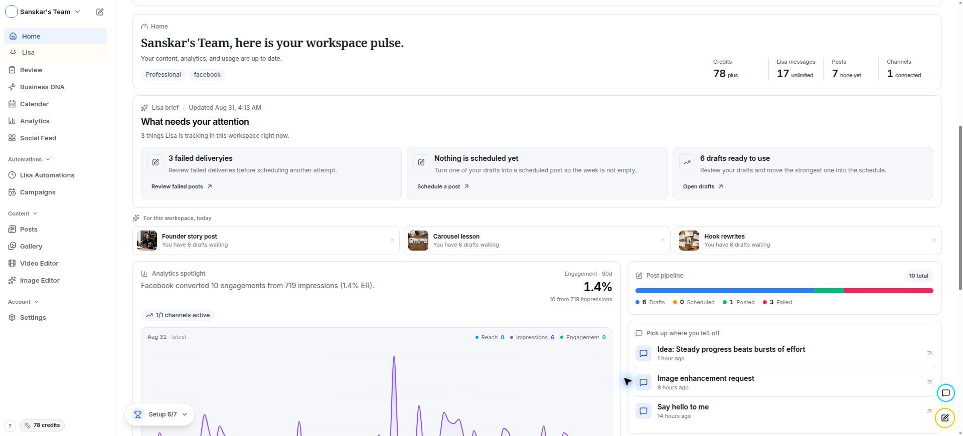 Lisa home workspace pulse with starter work, usage, attention items, analytics, and resumable threads