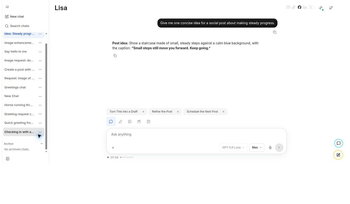 Lisa sidebar with new chat, search, recent conversations, and archive navigation