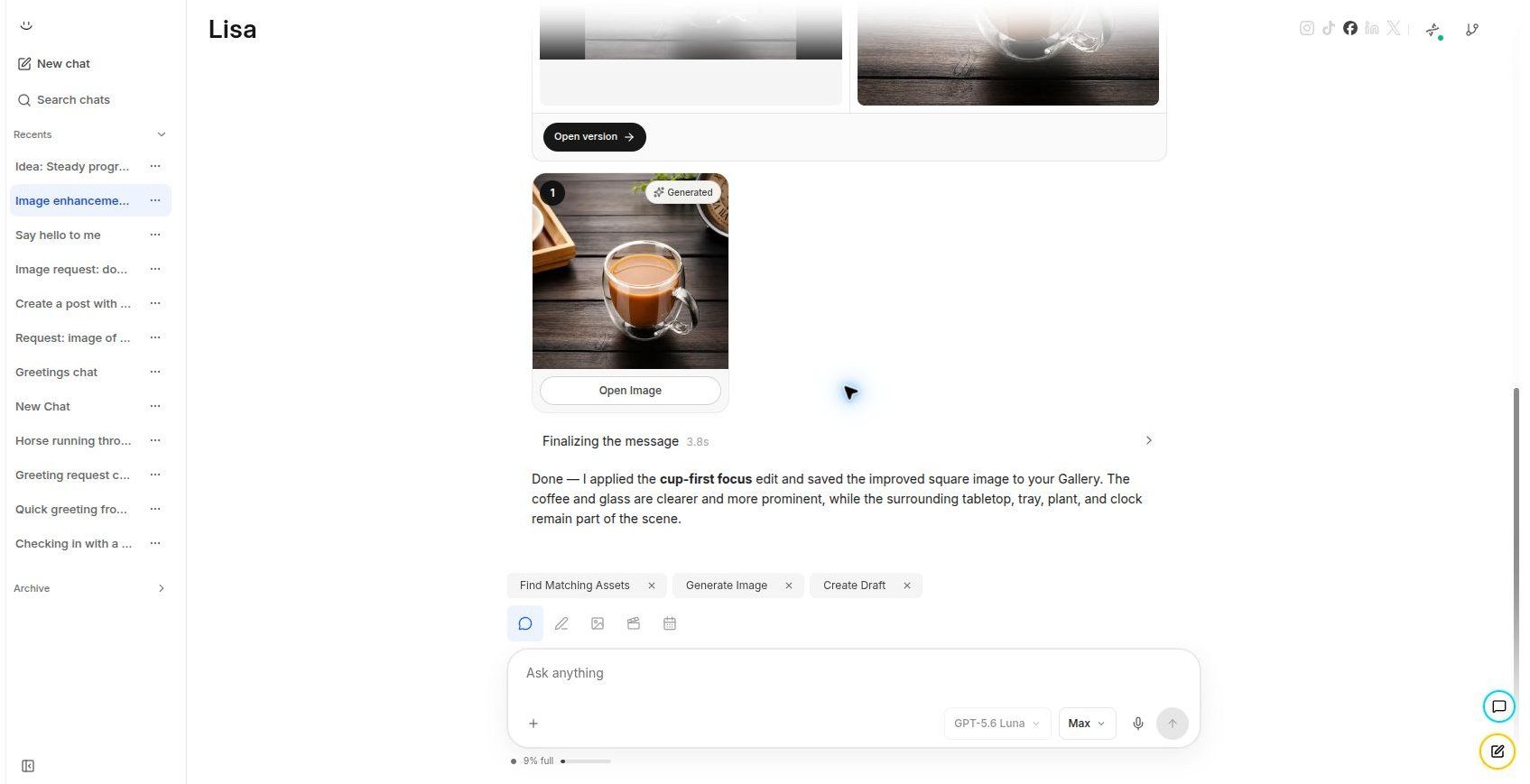 Lisa conversation showing a clean creative-direction workflow and a generated result