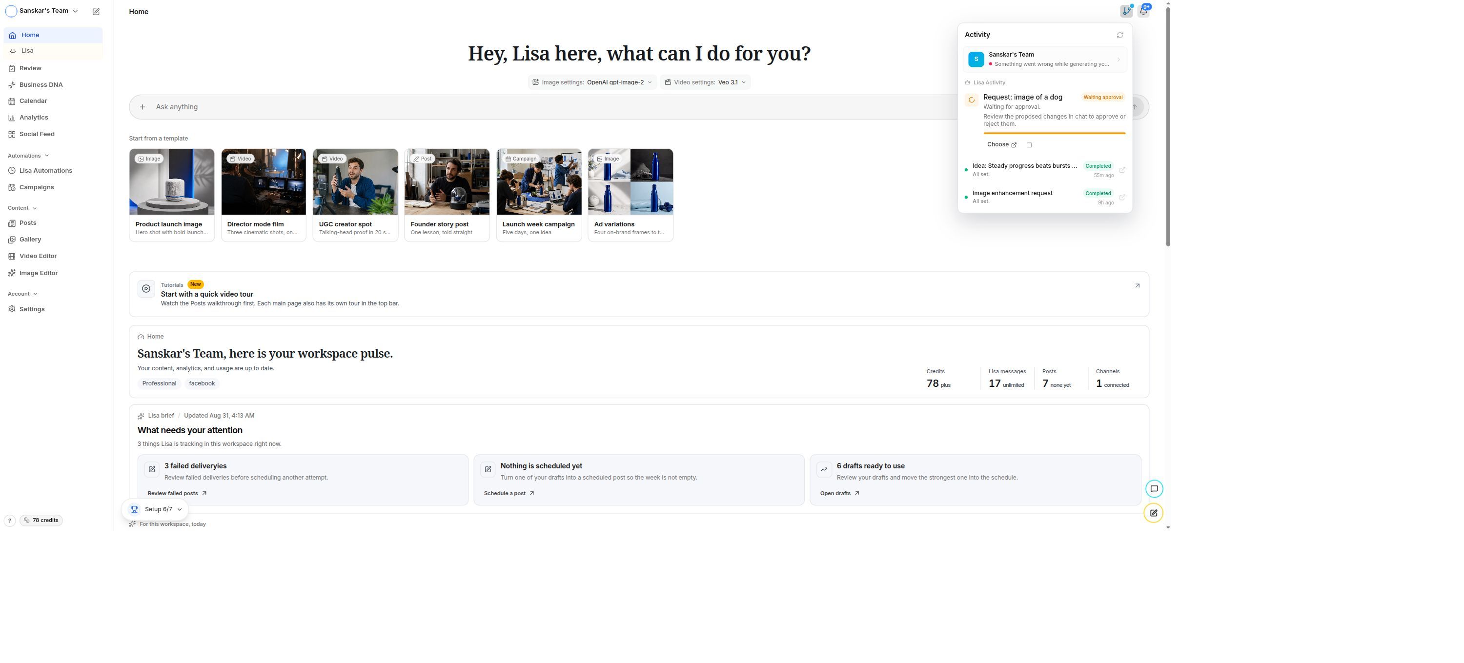 Lisa home with the activity panel showing waiting approval and completed workspace tasks
