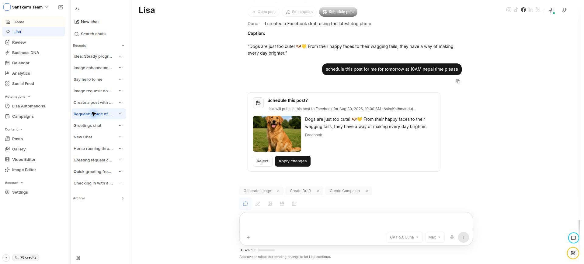 Lisa approval card showing a proposed social post with Reject and Apply changes actions