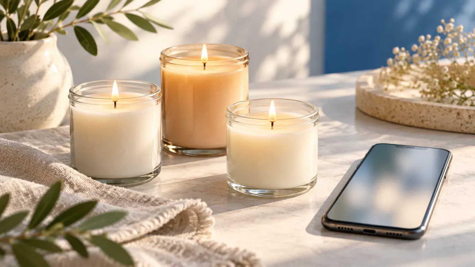 Three unbranded candles on a table next to a phone