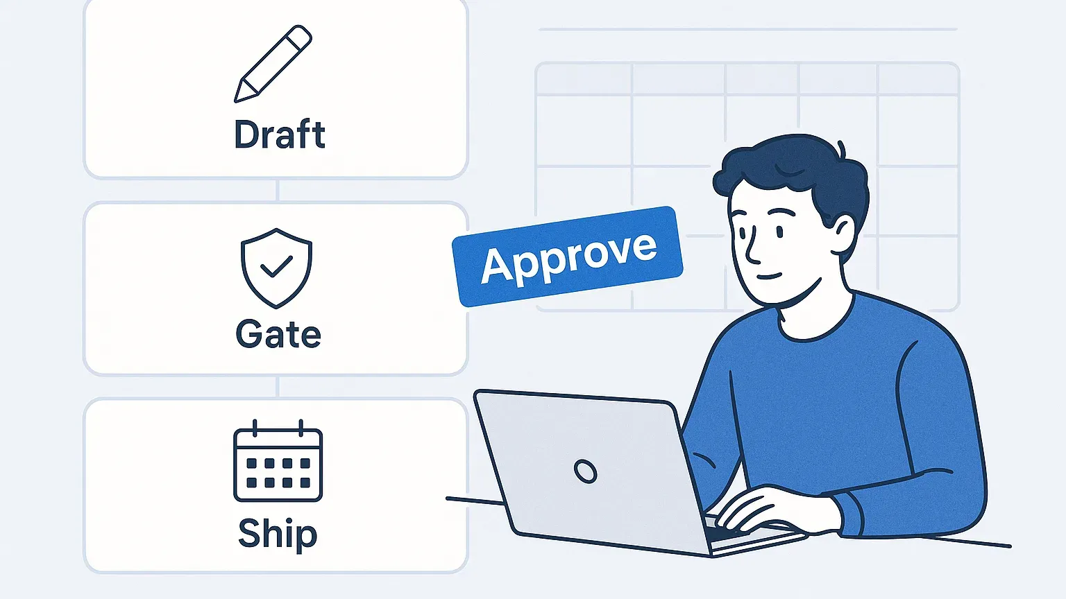 Illustration of a one-person ecommerce founder approve gate between drafts and a scheduled week