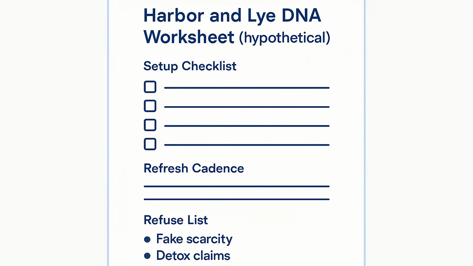 Worksheet showing Business DNA setup checklist, refresh cadence, and refuse list for a hypothetical soap brand