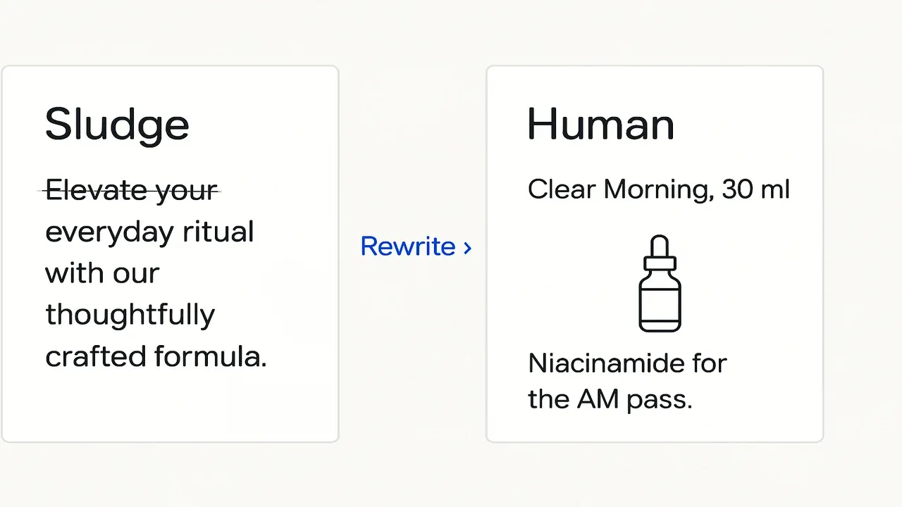 Illustration: sludge caption card rewritten into a short human product caption