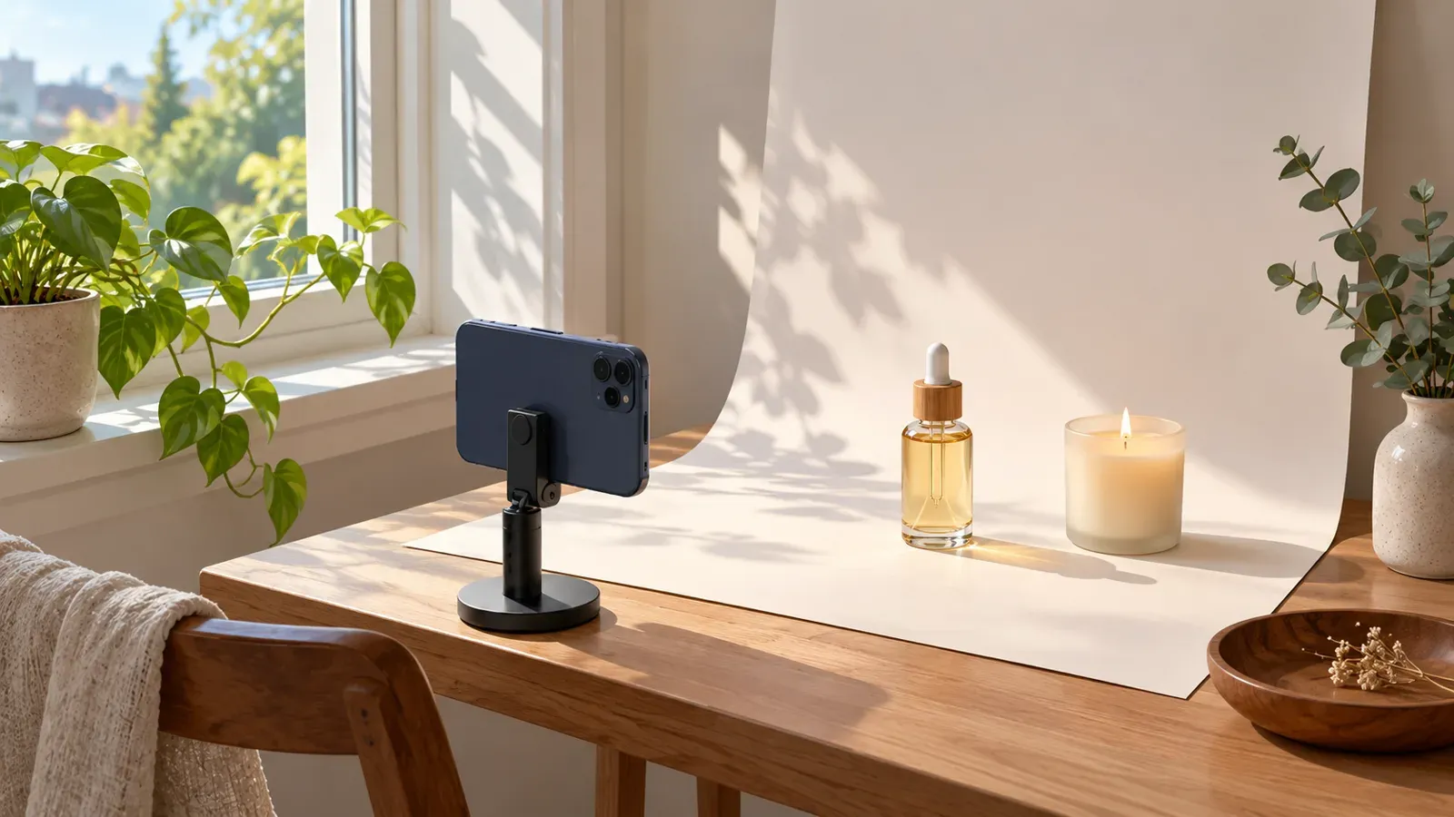 A small table beside a window with a plain paper backdrop, a phone on a stand, and two unbranded products. Illustration.