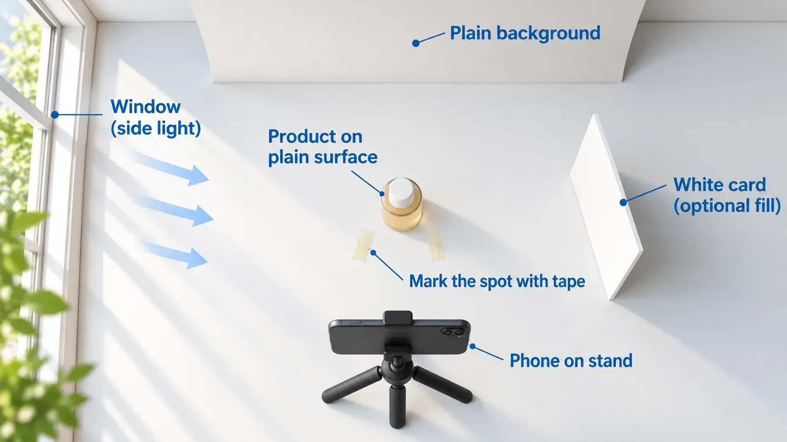 Top-down diagram of a home product photo setup: window on one side, product on a plain surface, background behind it, phone on a stand in front, and an optional white card opposite the window.
