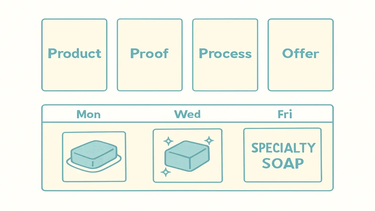Diagram of Product, Proof, Process, Offer pillars plus a three-post week from one soap SKU
