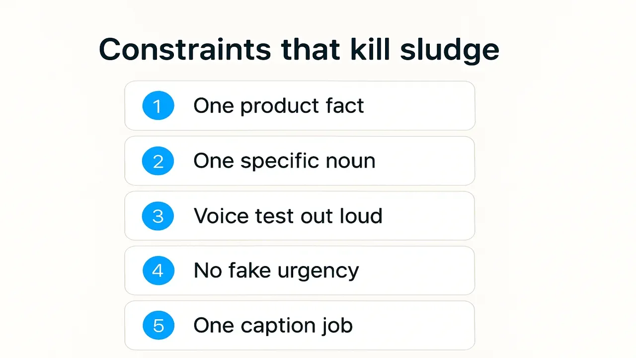 Diagram of five constraints that kill AI caption sludge: product fact, specific noun, voice test, no fake urgency, one job