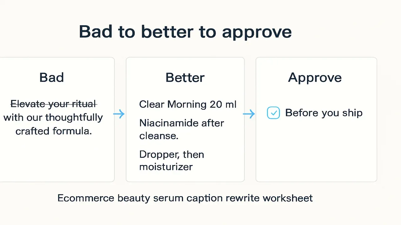 Worksheet showing a bad AI caption rewritten to a better human caption with an approve-before-ship step