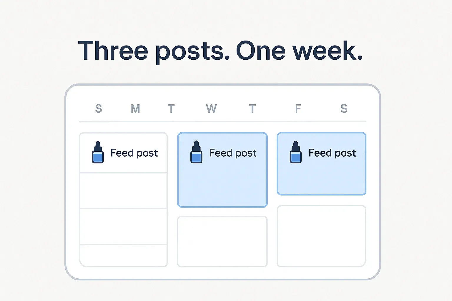 Illustration of a one-person beauty brand calendar with three feed posts marked across a week