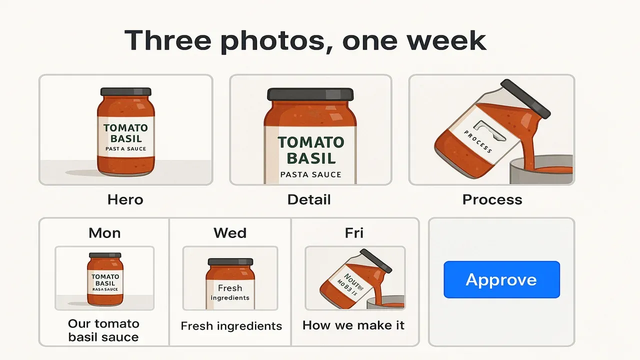 Worksheet showing three pasta sauce photos reused across Mon Wed Fri with an approve step