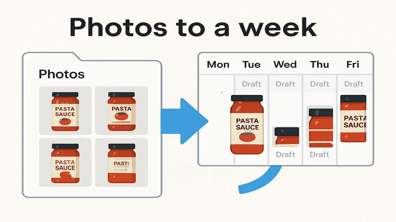 Illustration: pasta sauce product photo folder becoming a week of Instagram draft slots