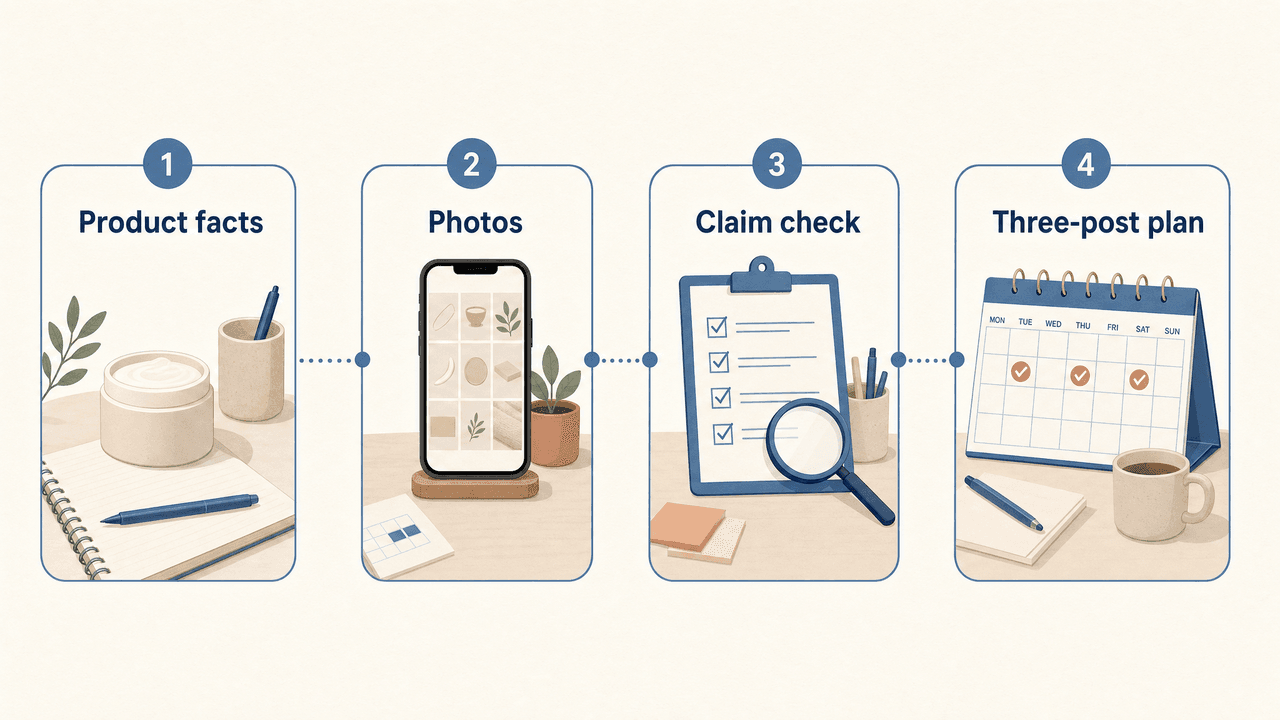 Diagram of a four-step skincare launch checklist: product facts, photos, claim check, and a three-post launch plan