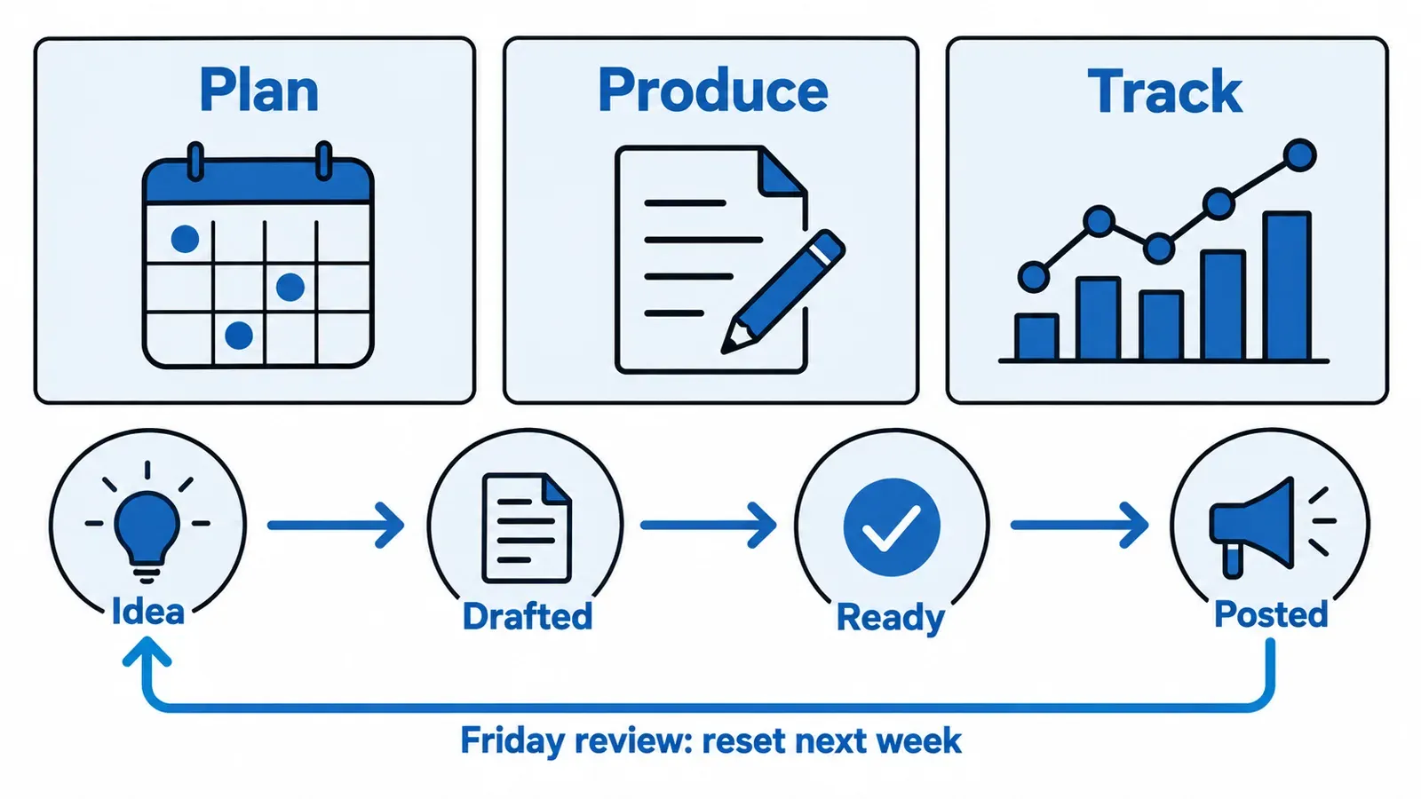 Diagram of a content calendar sheet split into plan, produce and track columns (track covers status, approved and notes), with posts moving from idea to drafted to ready to posted and a Friday review.