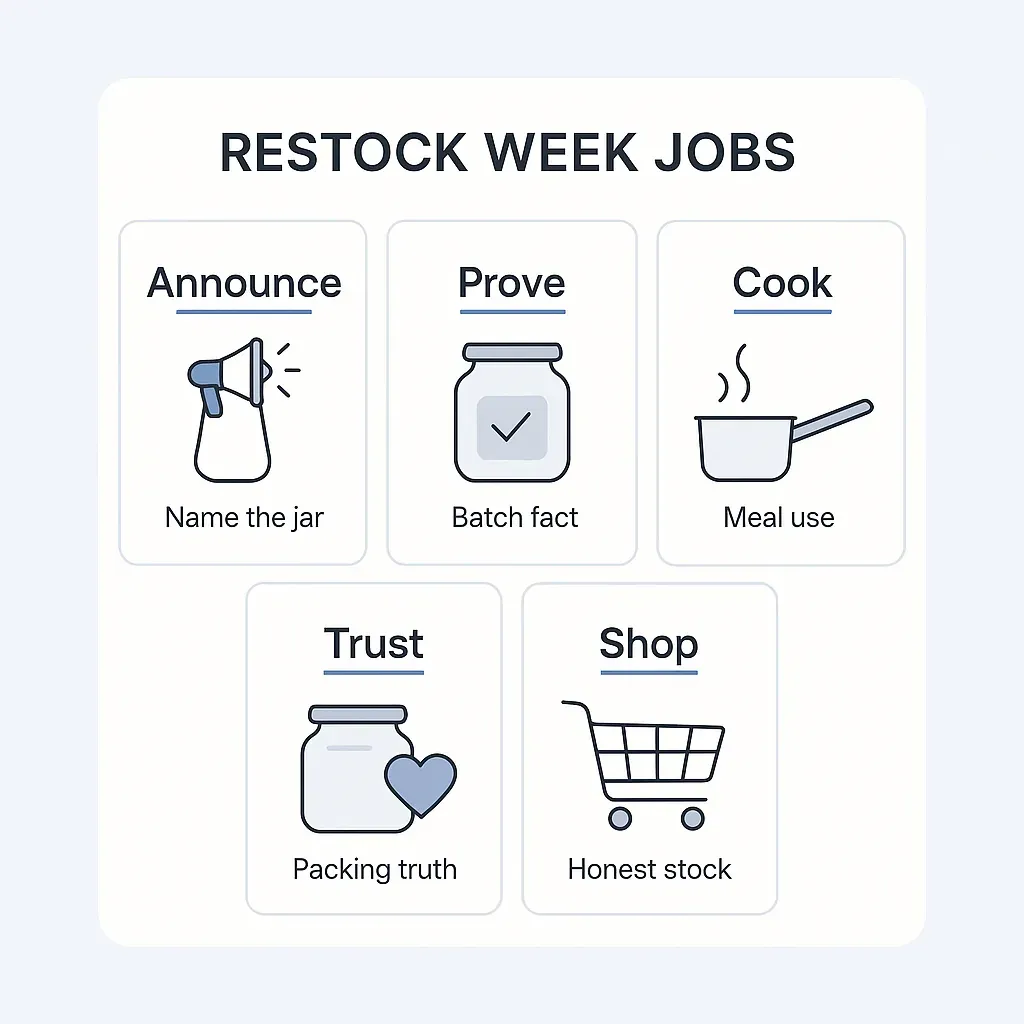 Diagram of five restock-week post jobs: announce, prove, cook, trust, shop