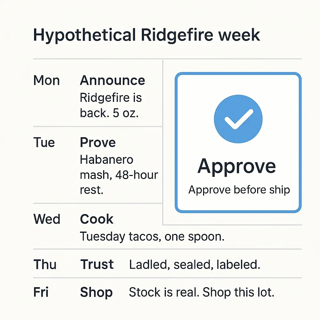 Worksheet showing a hypothetical hot-sauce restock mapped to five posts with an approve-before-ship step