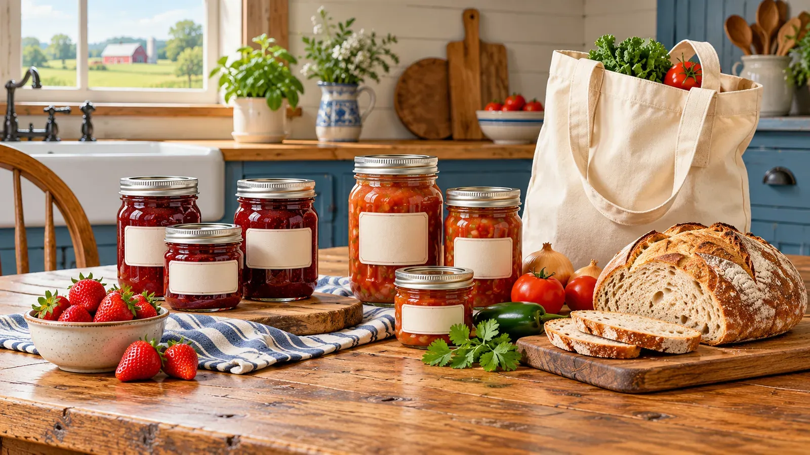 Illustration of a farmers market table with jars of preserves and a basket of bread.