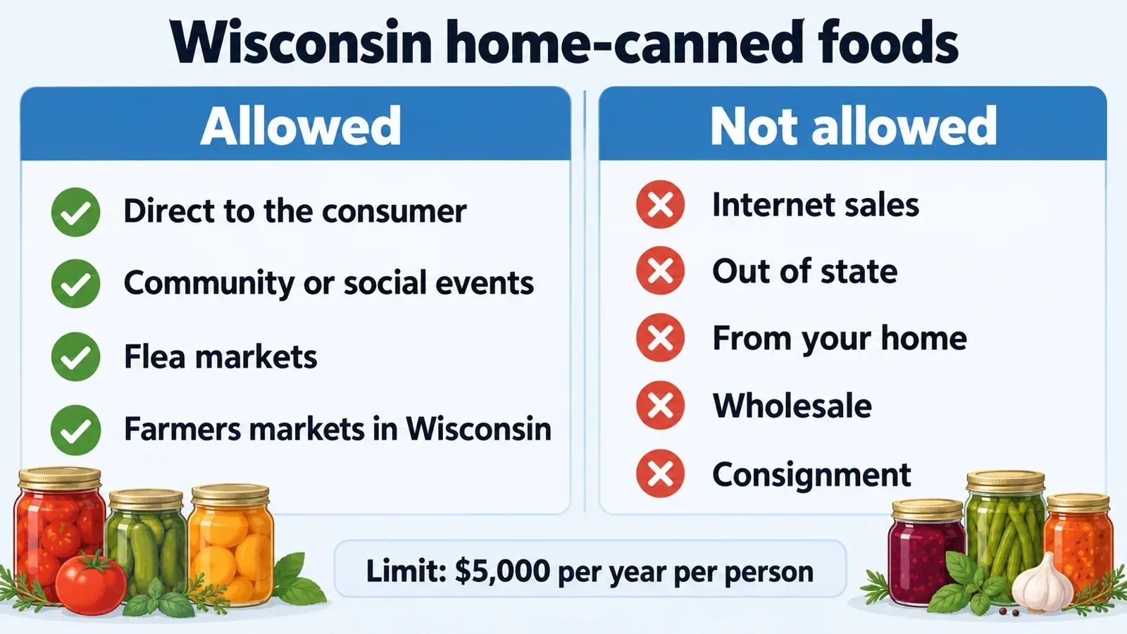 Diagram splitting where Wisconsin home-canned foods may be sold (events, flea markets, farmers markets, direct to the consumer) from where they may not (internet, out of state, home, wholesale, consignment).